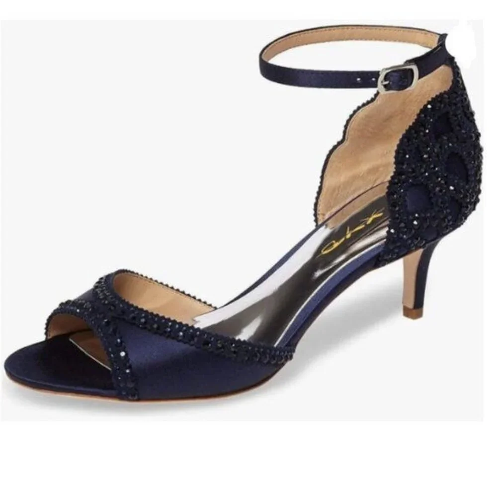 XYD Navy Chic Peep Toe D'Orsay Kitten Heel Rhinestone Studs Ankle Strap Sandals